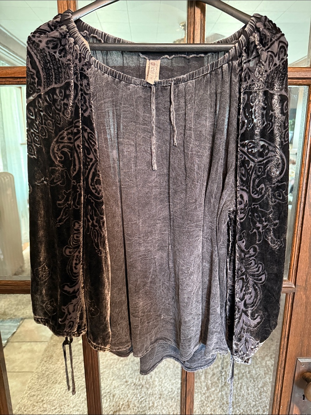 XCVI Washed Black Velvet-Patterned Peasant Blouse